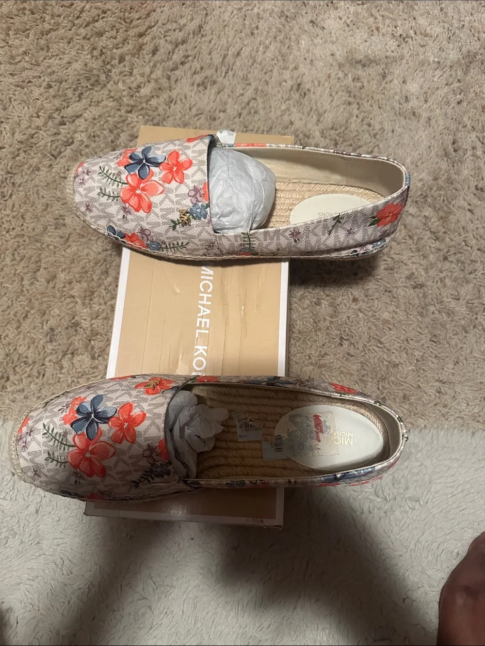 Michael Kors Floral Canvas Espadrille Loafers - Beige with Coral & Blue Flowers